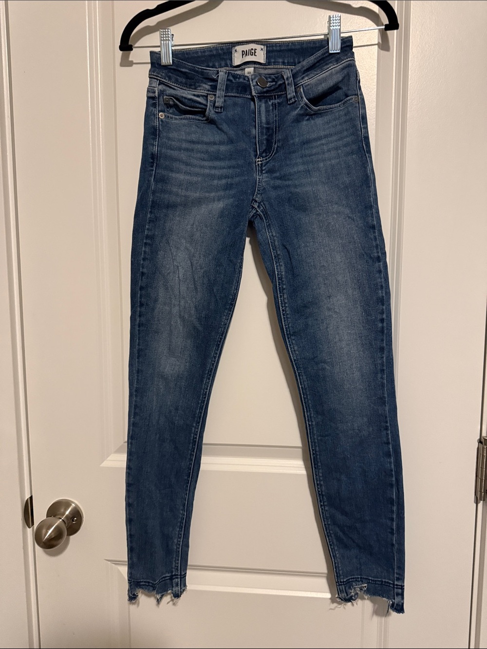 PAIGE Women's Medium Blue Skinny Jeans with Raw Hem
